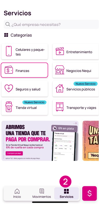 Pantalla de Servicios y Finanzas en la app Nequi
