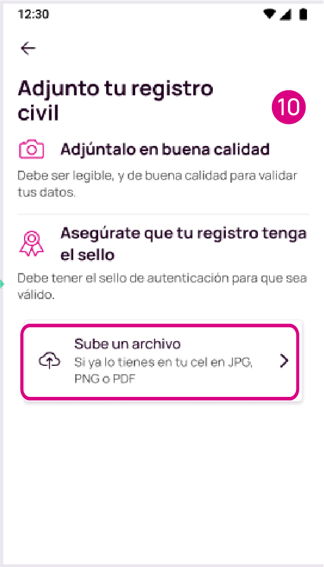 Pantalla para adjuntar tu registro civil en Nequi