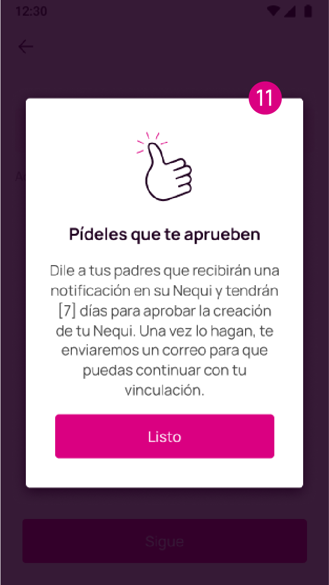 Pantalla de solicitud de confirmación de tus papas al crear Nequi