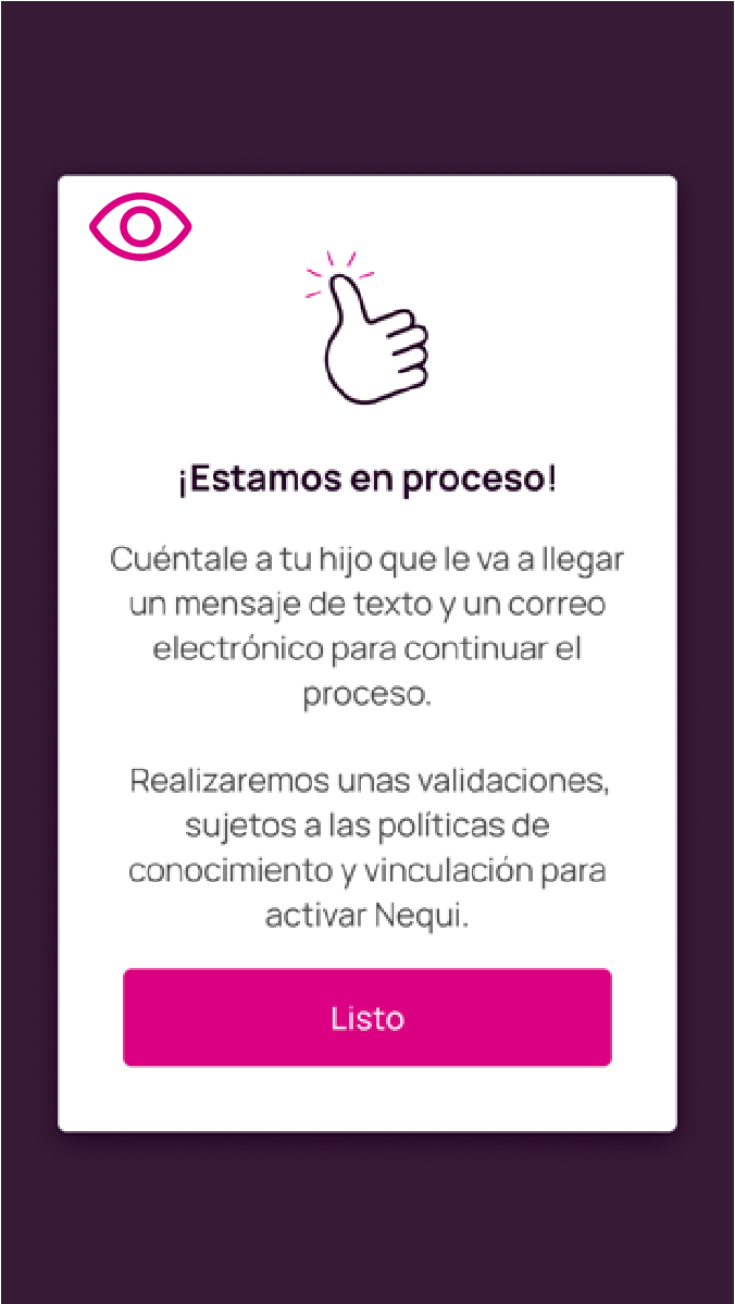Pantalla de proceso de creación Nequi.