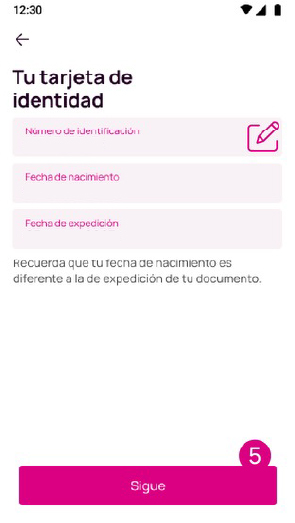 Pantalla para ingresar datos de tu tarjeta de identidad.