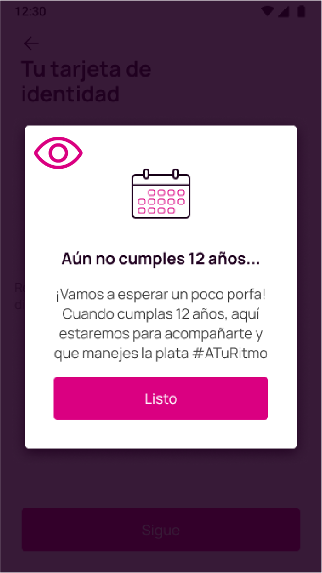 Pantalla de alerta si aún no tienes 12 años y estas creando tu Nequi