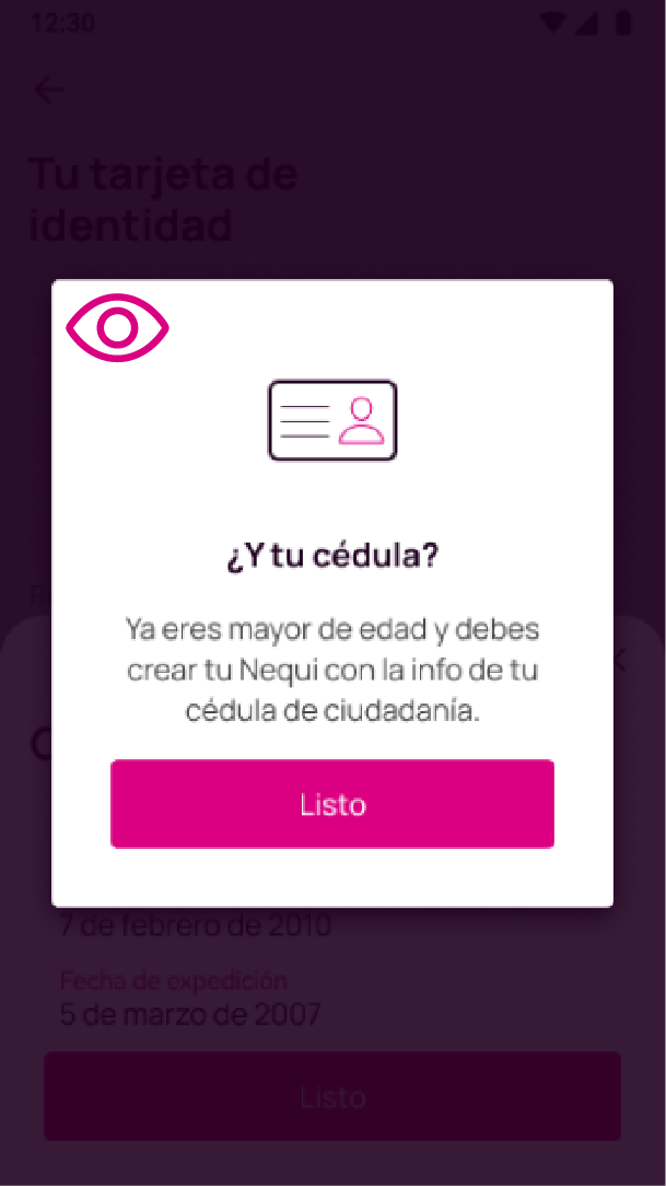 Pantalla de alerta si estas creando Nequi con tarjeta de identidad y tienes 18 años.