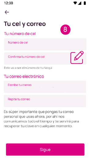 Pantalla de registro de celular y correo al crear Nequi.