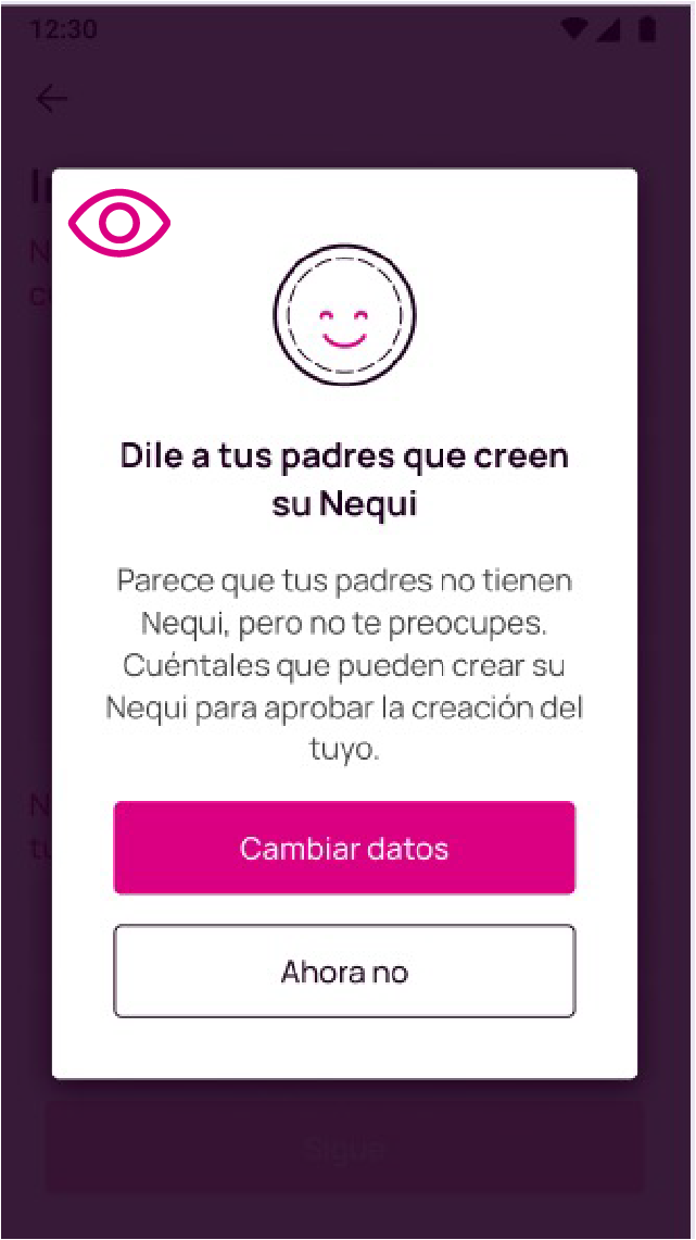 Pantalla de alerta si tus papas no tienen Nequi.