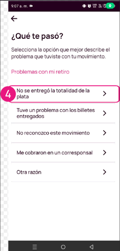 Pantalla de No sé entrego la totalidad de la plata en Nequi