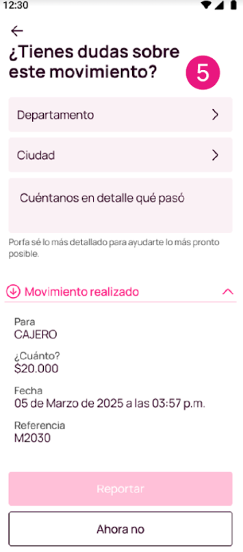 Pantalla de tienes dudas con el movimiento en la app Nequi