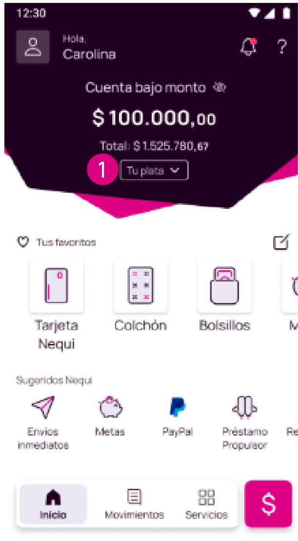 Pantalla con la opción Tu Plata de la app Nequi