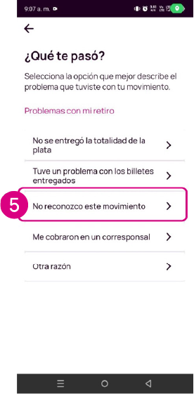 Pantalla No reconozco este movimiento en la app Nequi