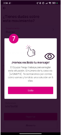 Pantalla Hemos recibido tu mensaje en la app Nequi