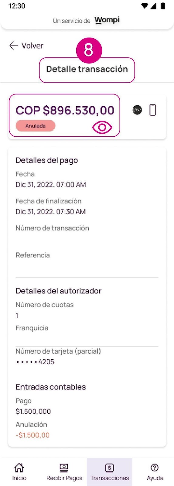Pantalla de detalle de transacción anulada en la app Nequi Negocios
