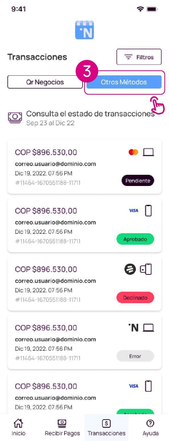 Pantalla otros métodos en la app Nequi Negocios