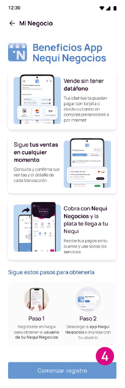 Pantalla beneficios app Nequi Negocio para comenzar registro