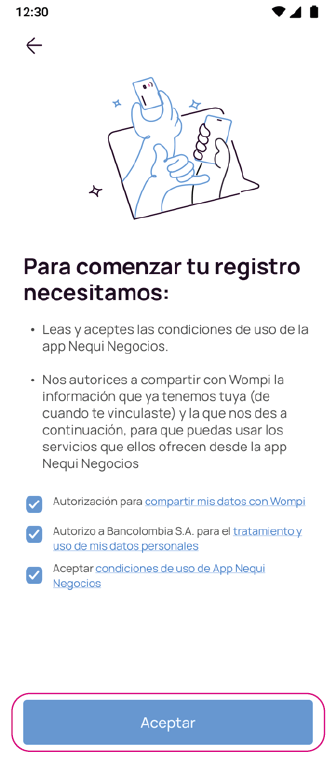 Pantalla aceptar condiciones app Nequi Negocio