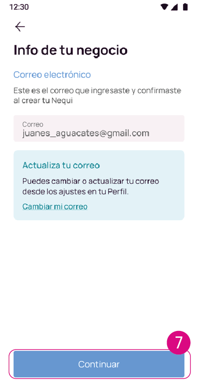 Pantalla de info de tu negocio para actualizar correo.