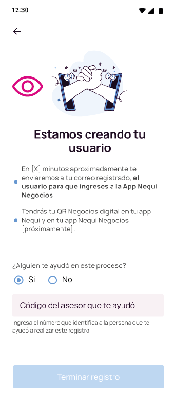 Pantalla de código asesor en registro app Nequi Negocio