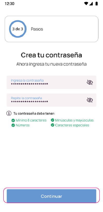 Pantalla de llenado crea tu contraseña app Nequi Negocio