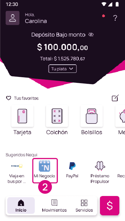 Pantalla de inicio Nequi con opción Mi Negocio
