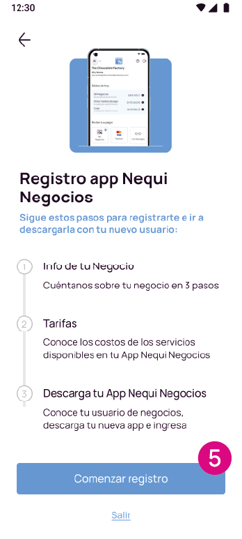 Pantalla registro app Nequi Negocio comenzar registro