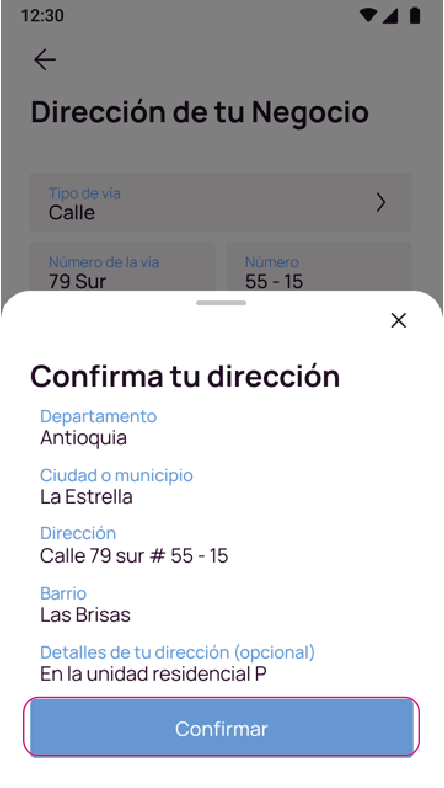 Pantalla confirma tu dirección app Nequi Negocio