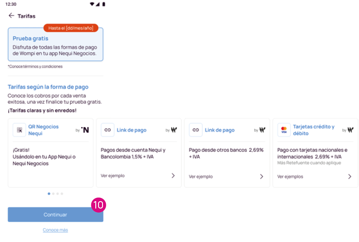 Pantalla explicativa de tarifas app Nequi Negocio