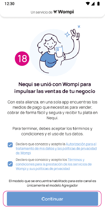 Pantalla de Nequi se unió con Wompi en app Nequi Negocio
