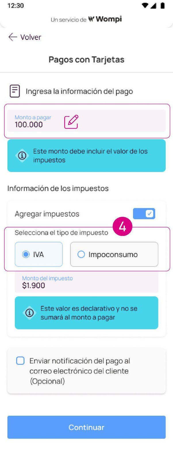 Pantalla de ingreso información de pagos en app Nequi Negocio