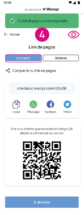 Pantalla de link de pagos para compartir en app Nequi Negocio