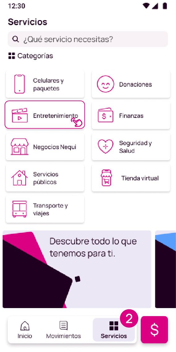Pantalla de servicios en la app Nequi