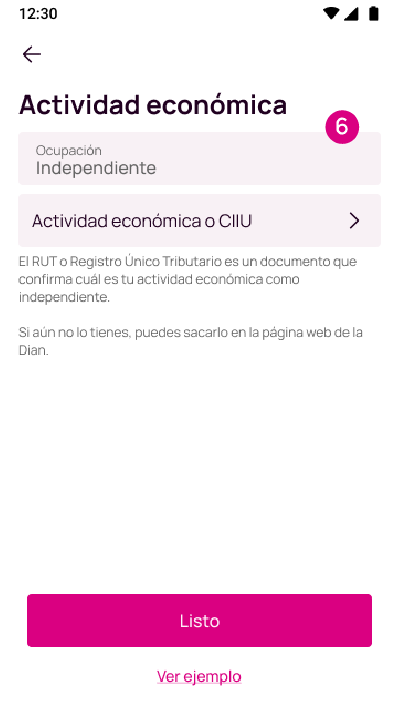 Pantalla actividad económica en Nequi