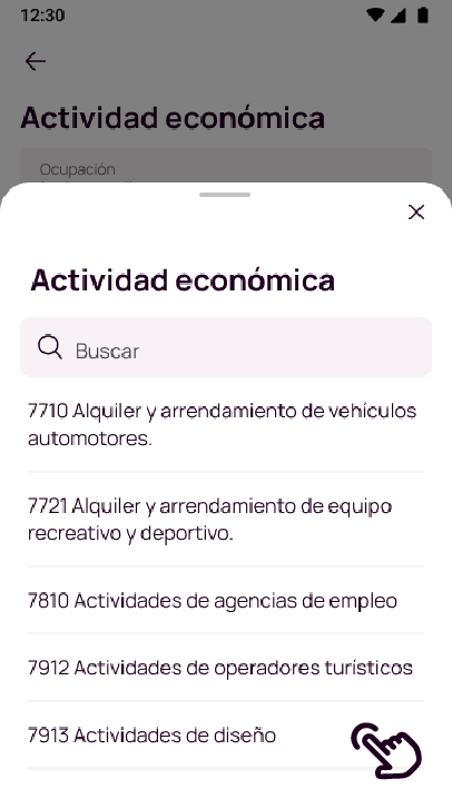 Pantalla de Buscar la actividad económica en Nequi