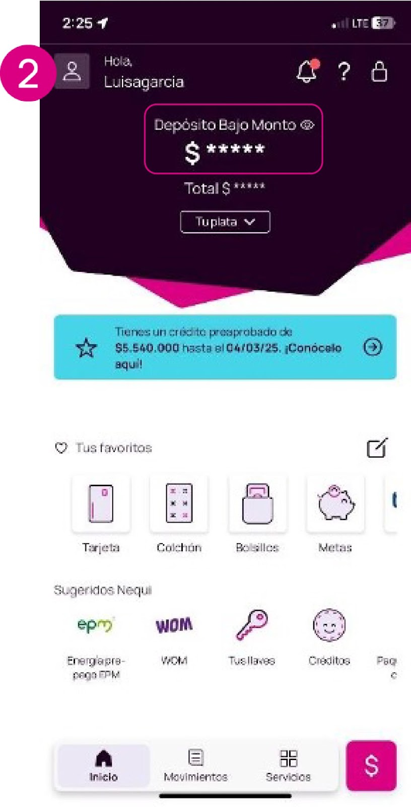Depósito de bajo monto o cuenta de ahorros en la app Nequi