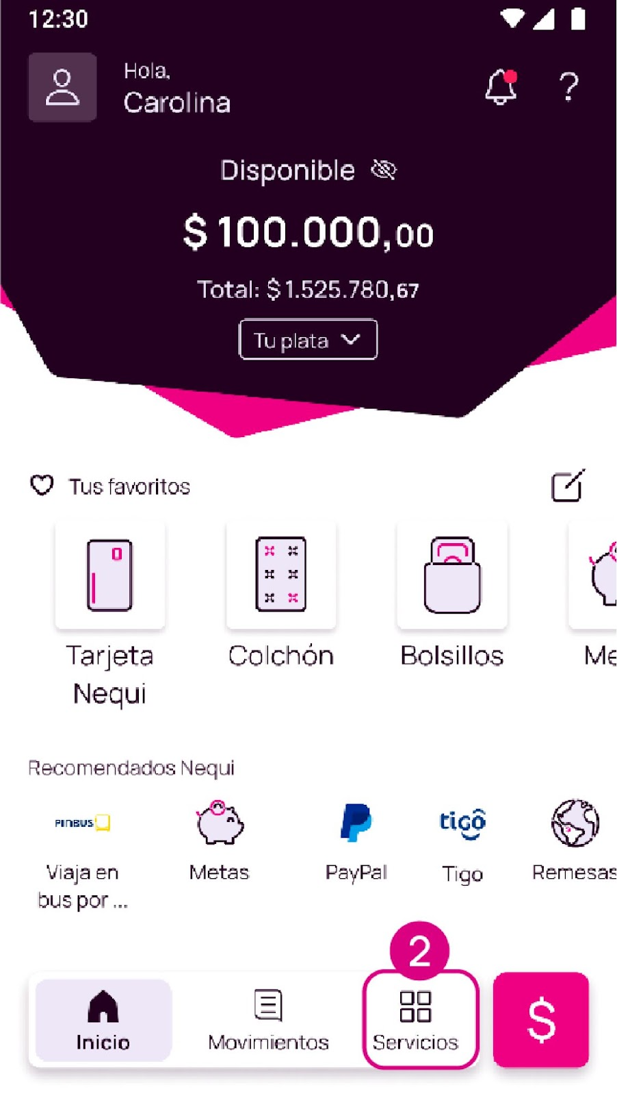 Pantalla de Servicios en la app Nequi