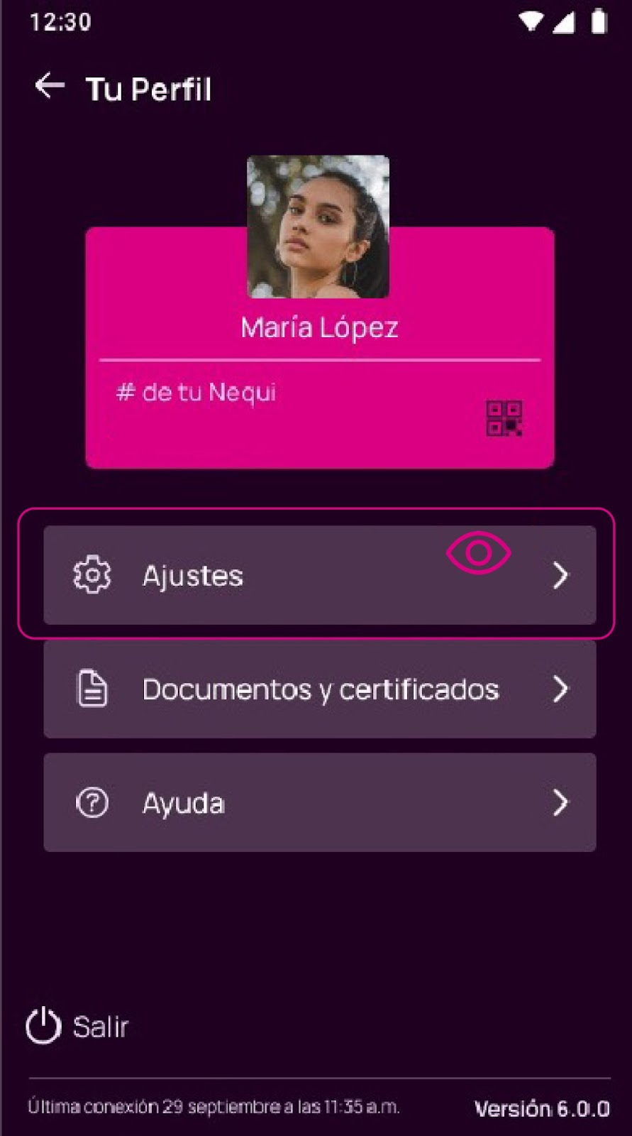 Pantalla de Ajustes en Nequi