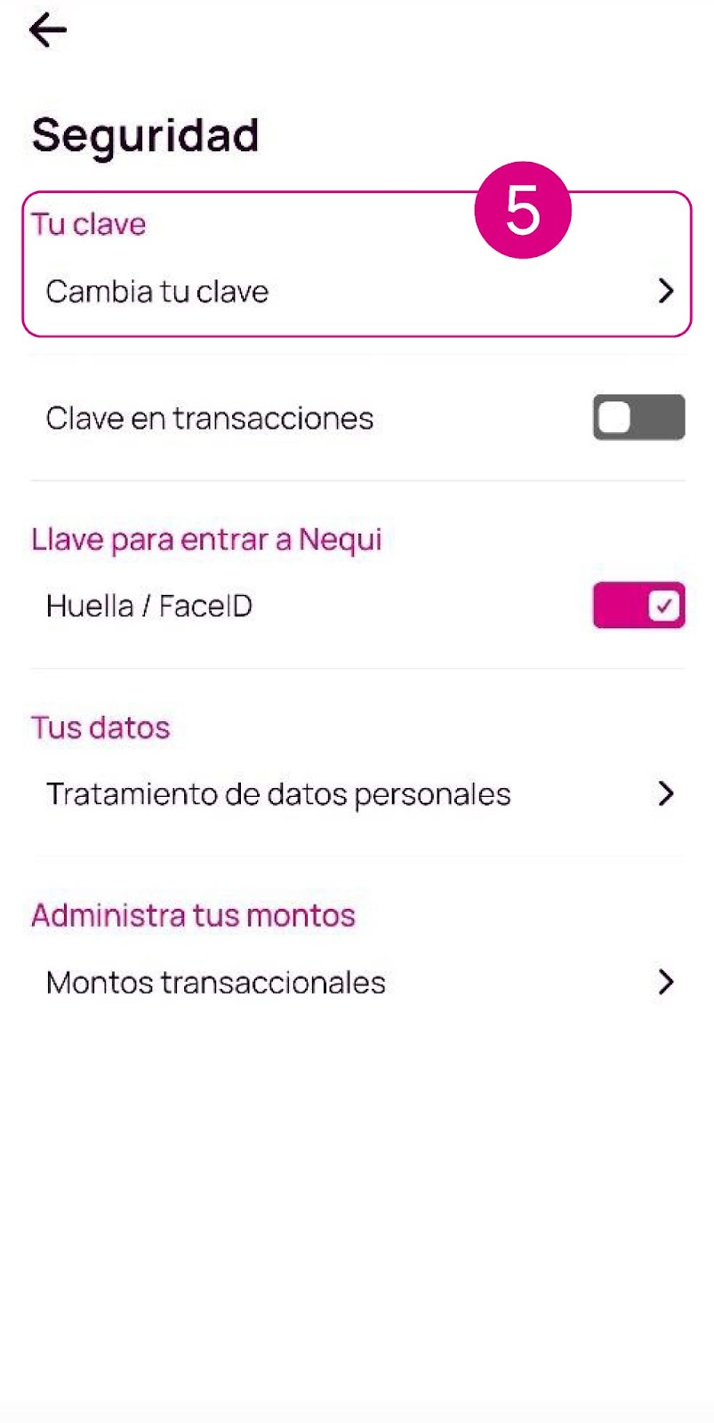 Pantalla de Cambia tu clave en la app Nequi