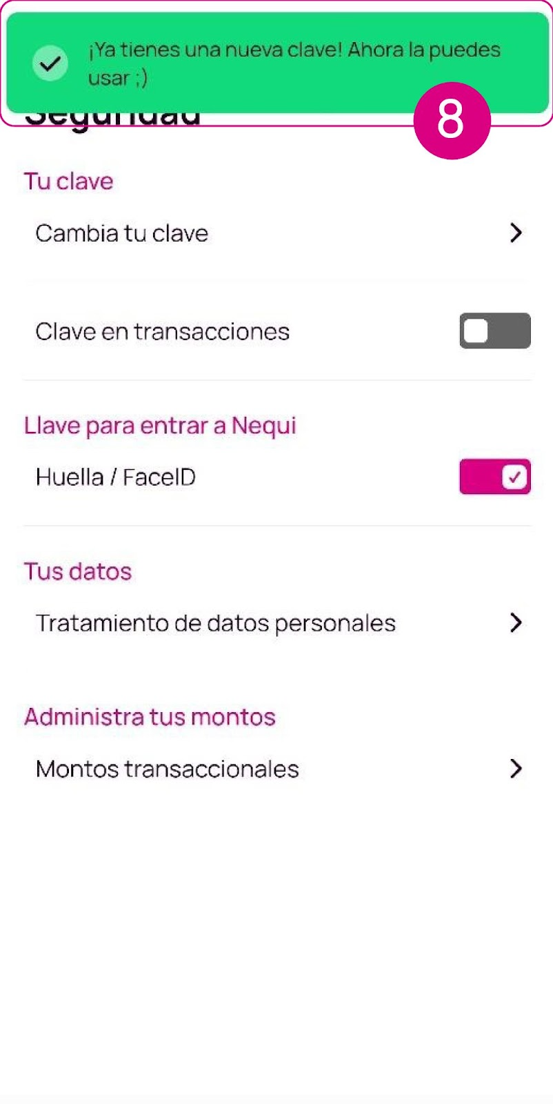 Pantalla de cambio de clave exitosa en Nequi