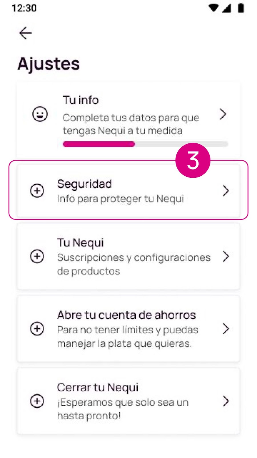 Pantalla de Seguridad en la app Nequi