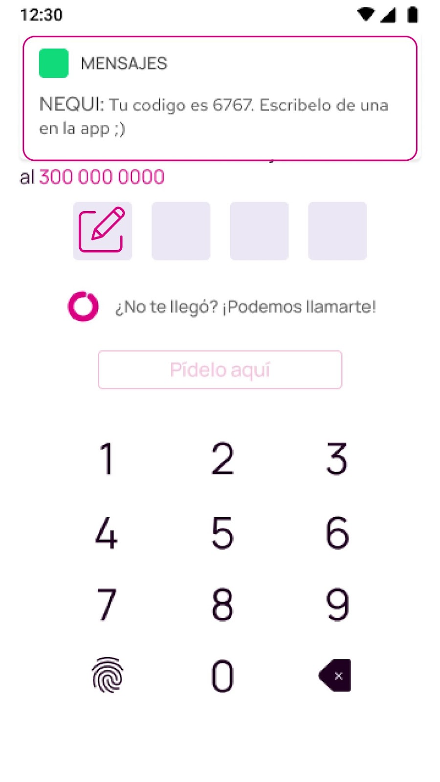 Pantalla de escribir el código en la app Nequi