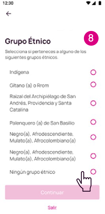 Pantalla de identificación de Grupo étnico en la App Nequi