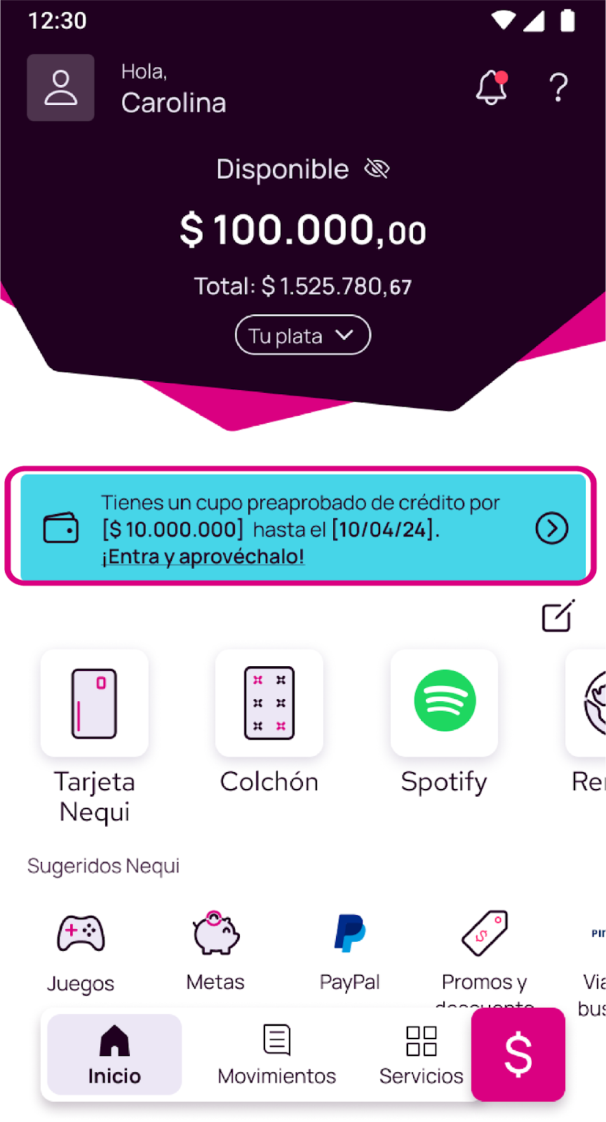 Oferta de crédito preaprobado en la app Nequi
