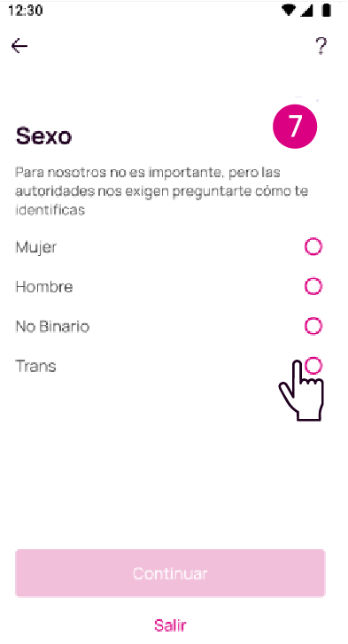 Pantalla con opción de identificación de género