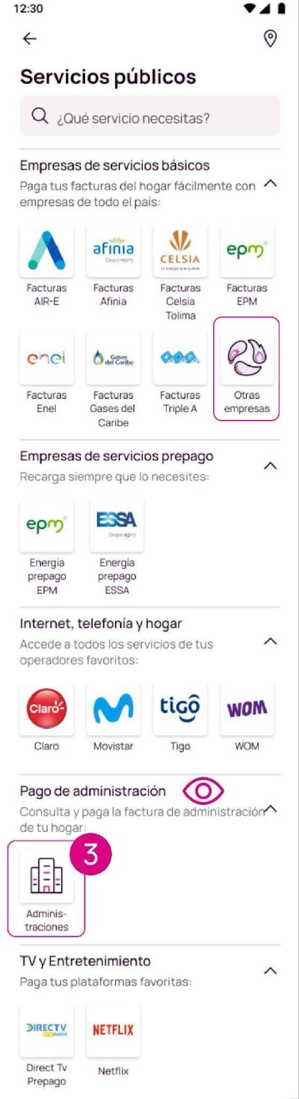 Pantalla de Otras empresas en la app Nequi