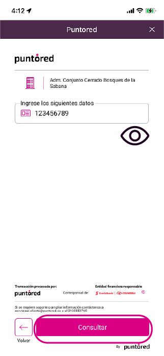 Pantalla para consultar los datos de la factura de administración