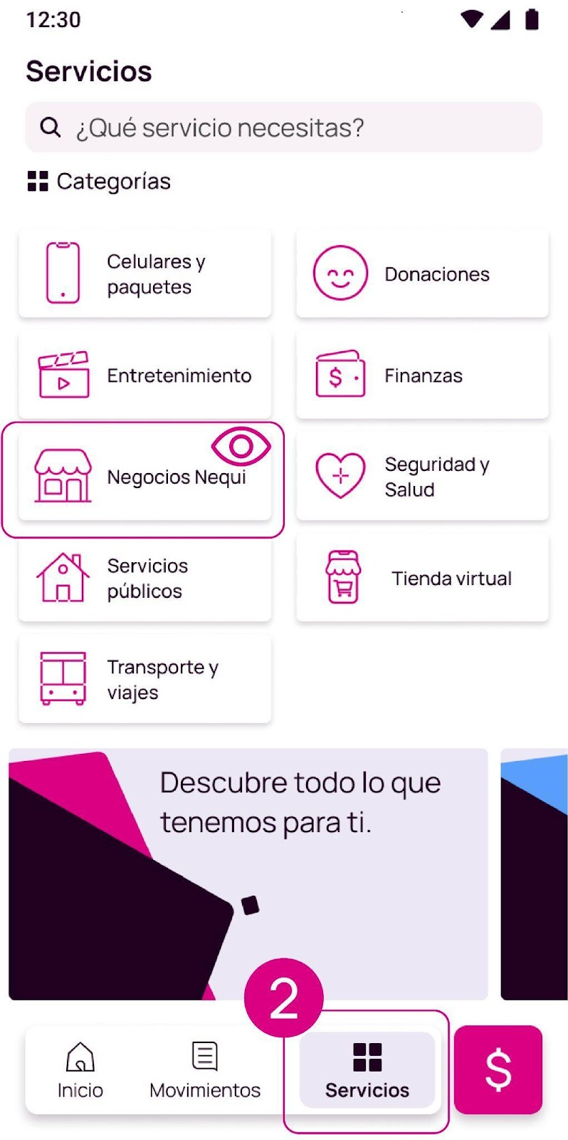 Pantalla de Negocios y servicios Nequi