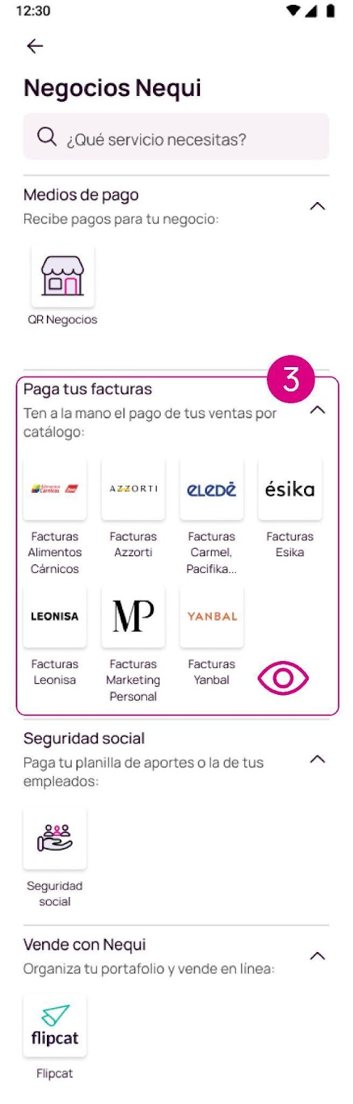 Pantalla de paga tus facturas en la app Nequi