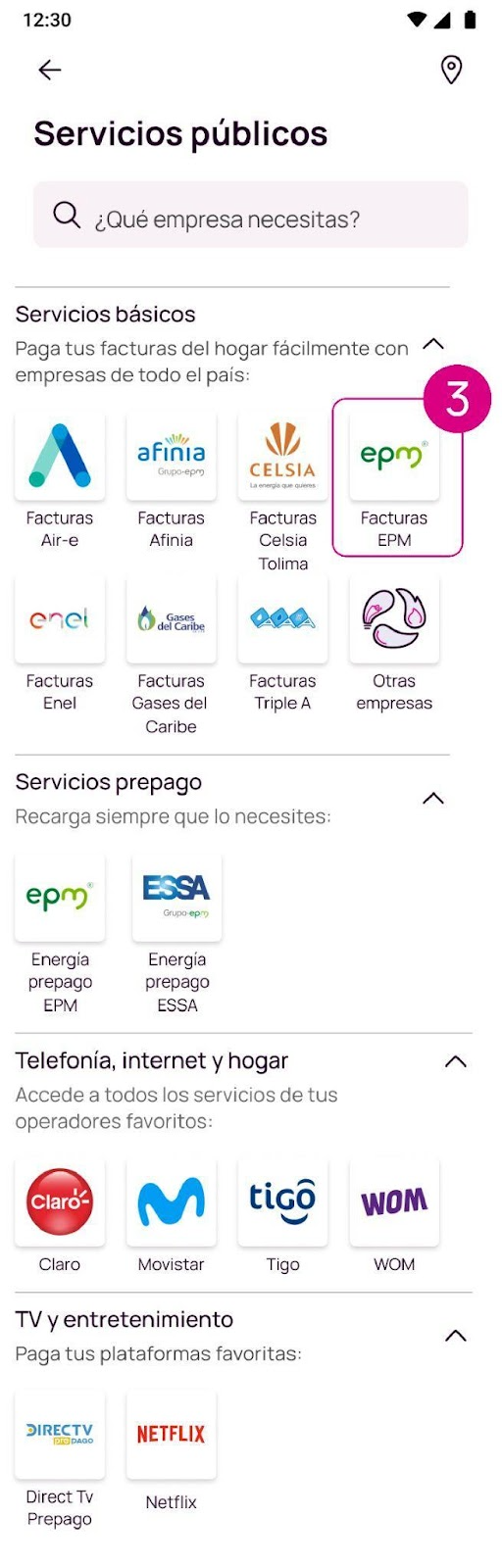 Pantalla facturas EPM en Nequi