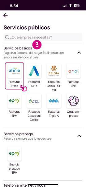 Pantalla de Factura Afinia en Nequi