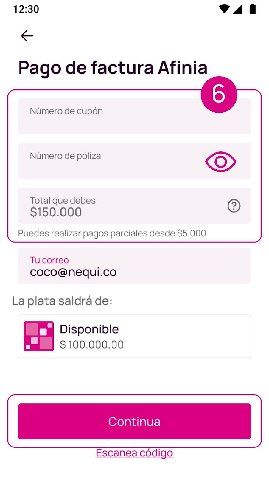 Pantalla de escribir los datos de la factura Afinia en Nequi