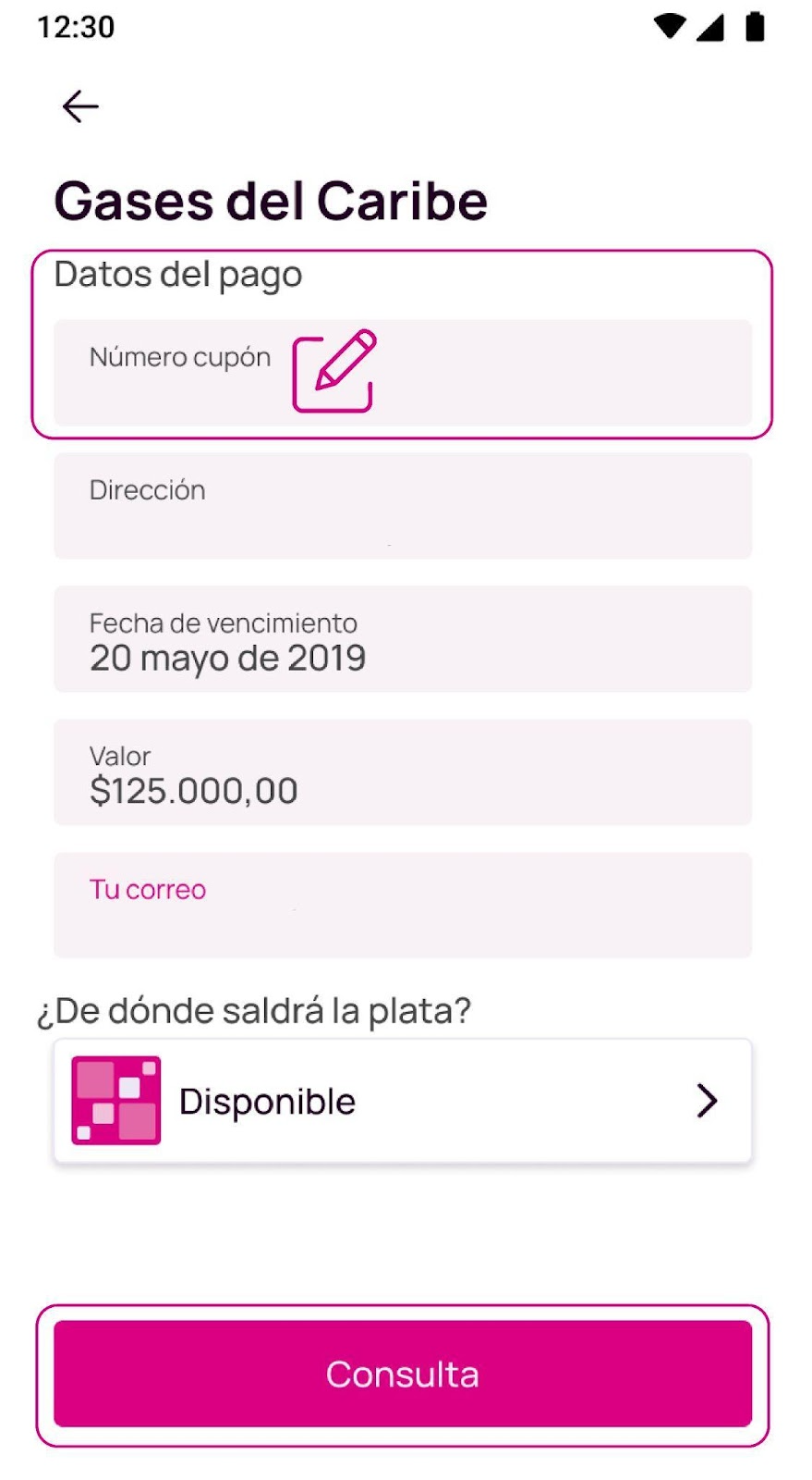 Pantalla de consulta de número de cupón en Nequi