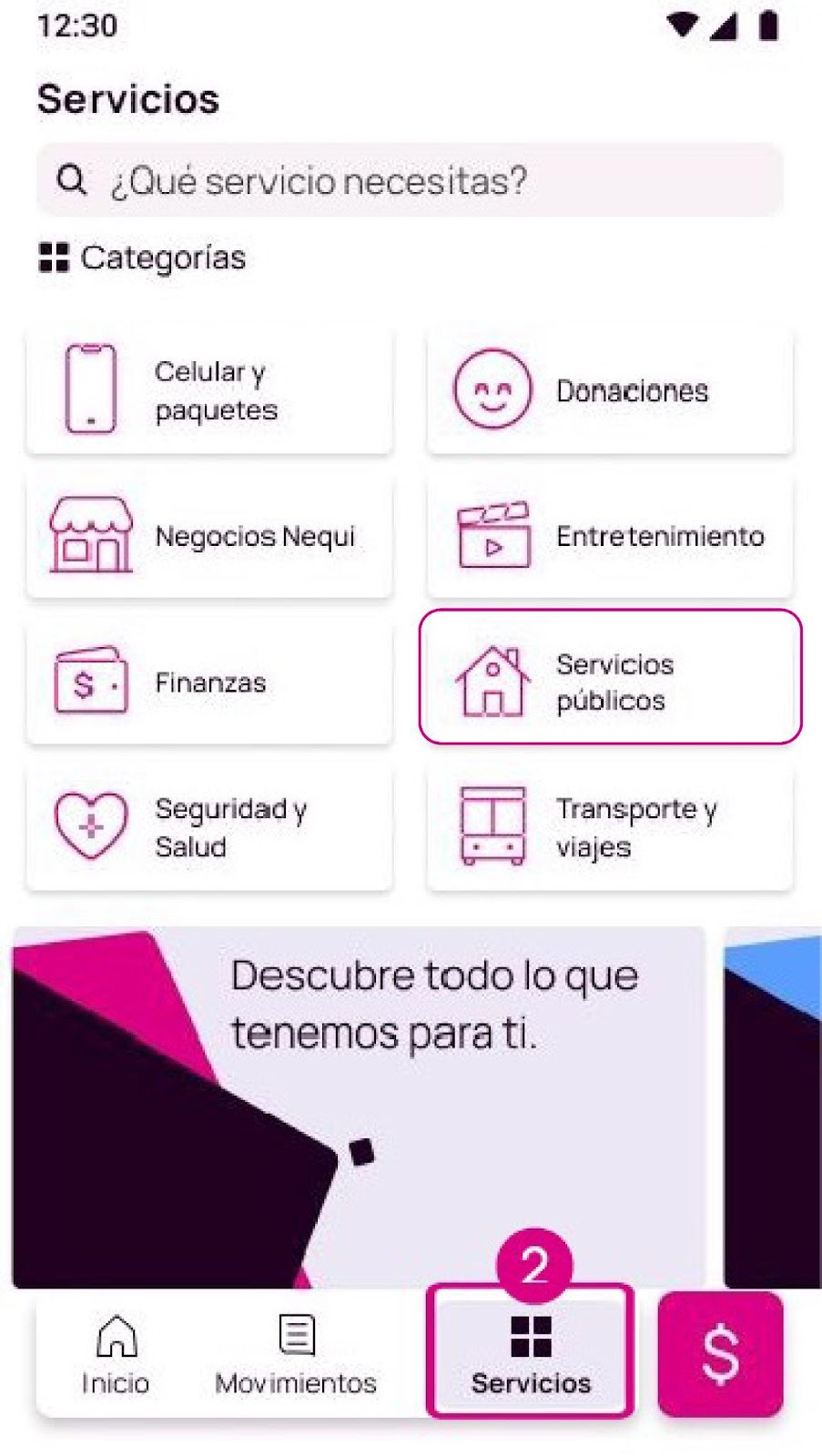 Pantalla de Servicios públicos en Nequi
